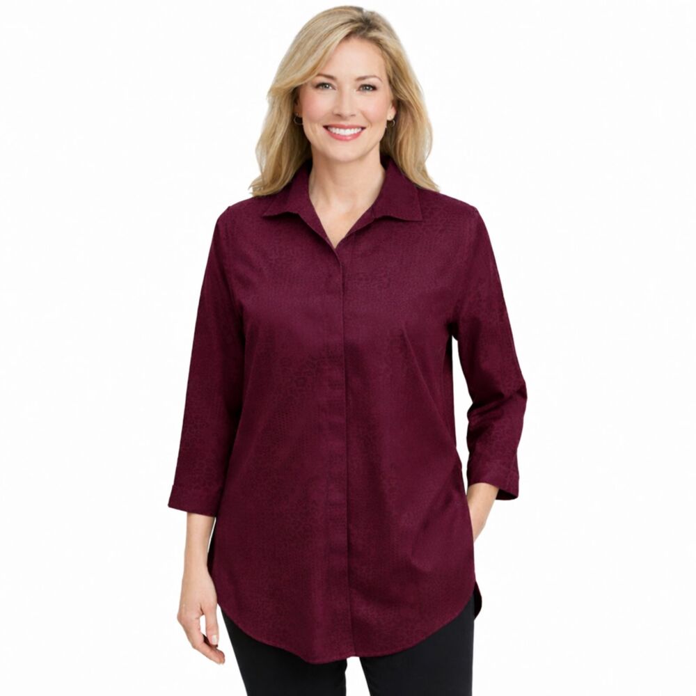 Chico's No Iron Tunic Shirt Size 1.5 (10) Jacquard Burgundy Long Sleeve